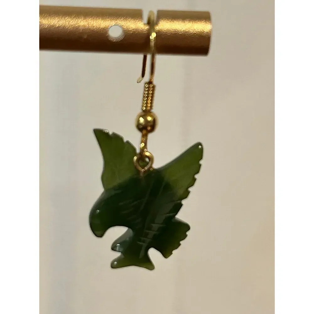 Vintage Hand Carved Green Nephrite Jade Bird of Prey Earrings Dangle Fish Hook
